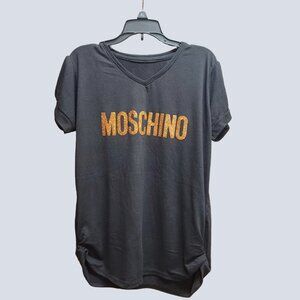 Moschino Fitted Curved Hem Puffed Short Sleeve V-neck Black Tee | Medium